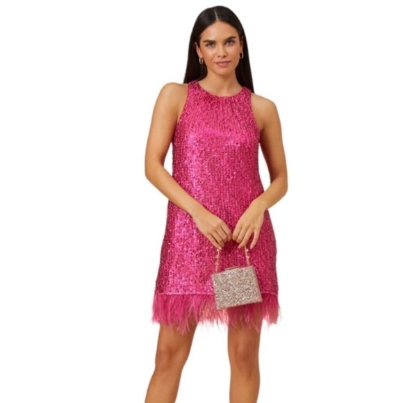 Aidan Mattox Sequin Trapeze Halter Dress Feather Trim - Picture 1 of 9